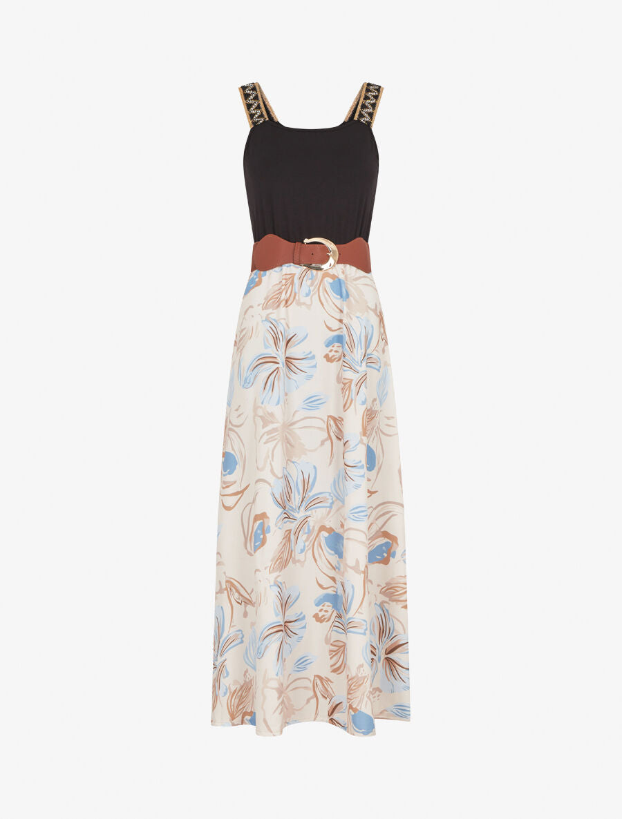 Robe longue à bretelles brodées imprimé floral - Beige - 1