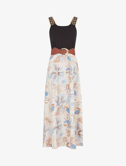 Robe longue à bretelles brodées imprimé floral - Beige - 1