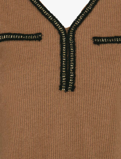 Pull fin côtelé à détails irisés - Camel - 3