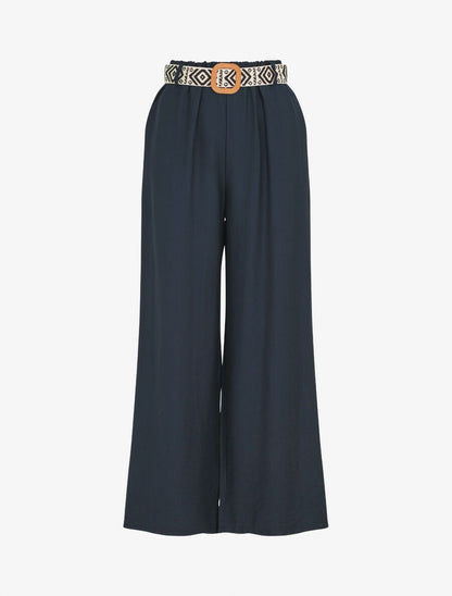 Pantalon uni à taille élastiquée - Marine - 1