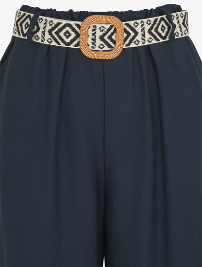 Pantalon uni à taille élastiquée - Marine - 3