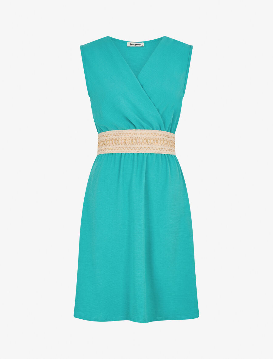 Robe unie à bande élastiquée irisée - Turquoise - 4
