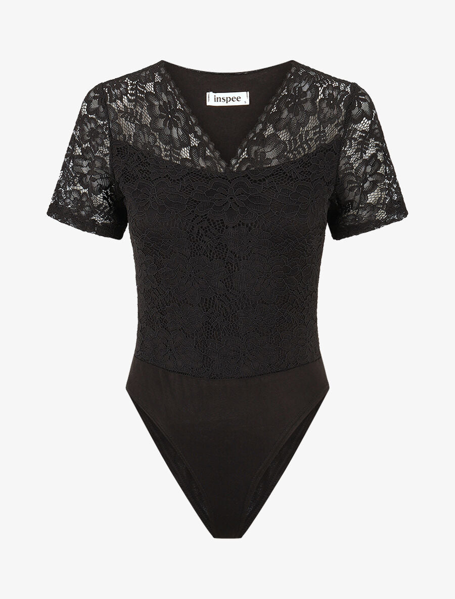 Body en dentelle manches courtes - Noir - 1
