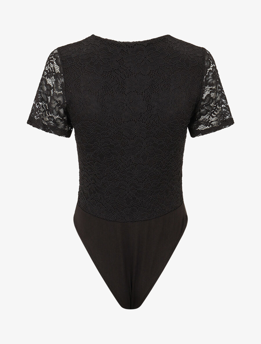 Body en dentelle manches courtes - Noir - 2