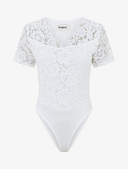 Body en dentelle manches courtes - Blanc - 1
