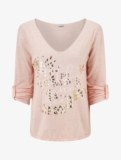 Pull droit et fin flocage léopard - Rose - 1