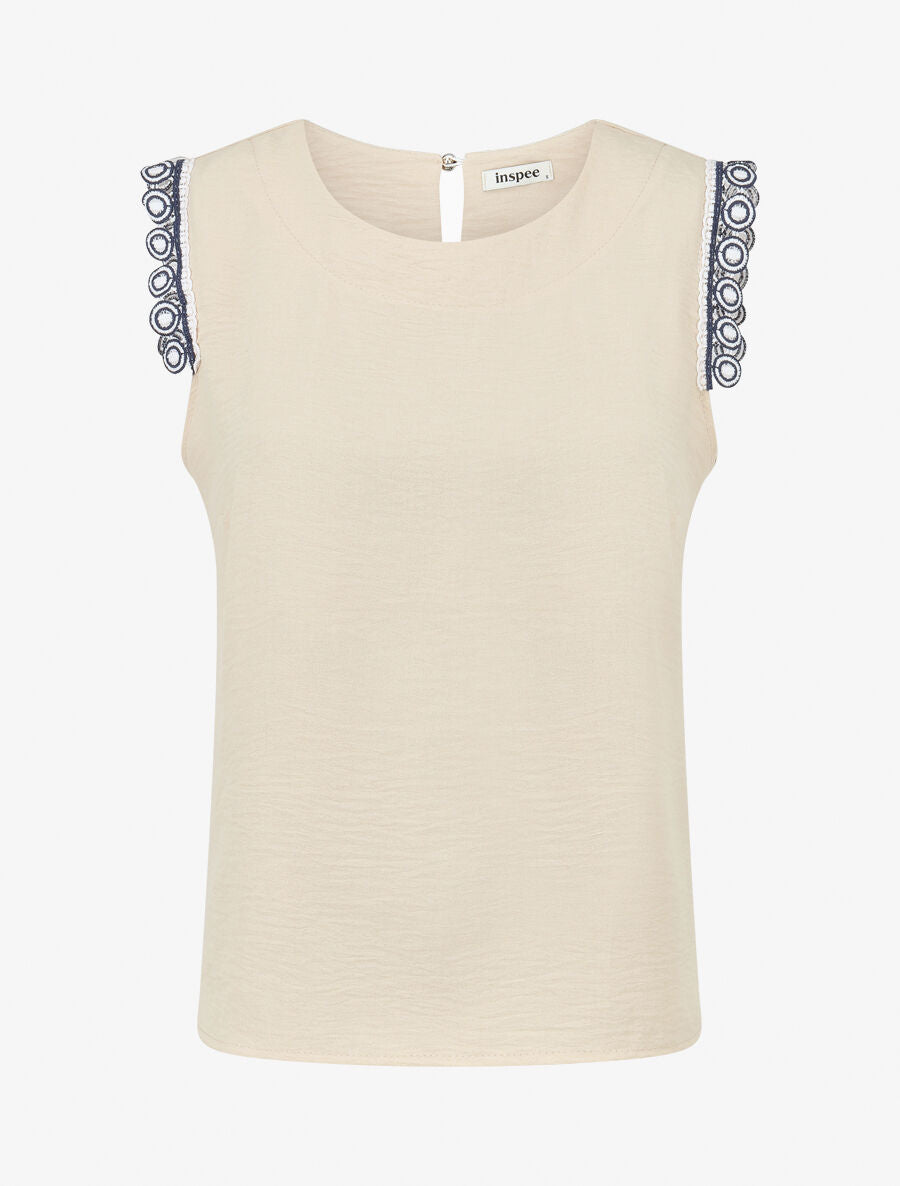 Top uni à détail broderies - Beige - 4