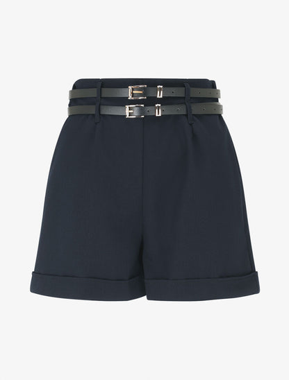 Short droit taille haute à double ceintures - Marine - 1
