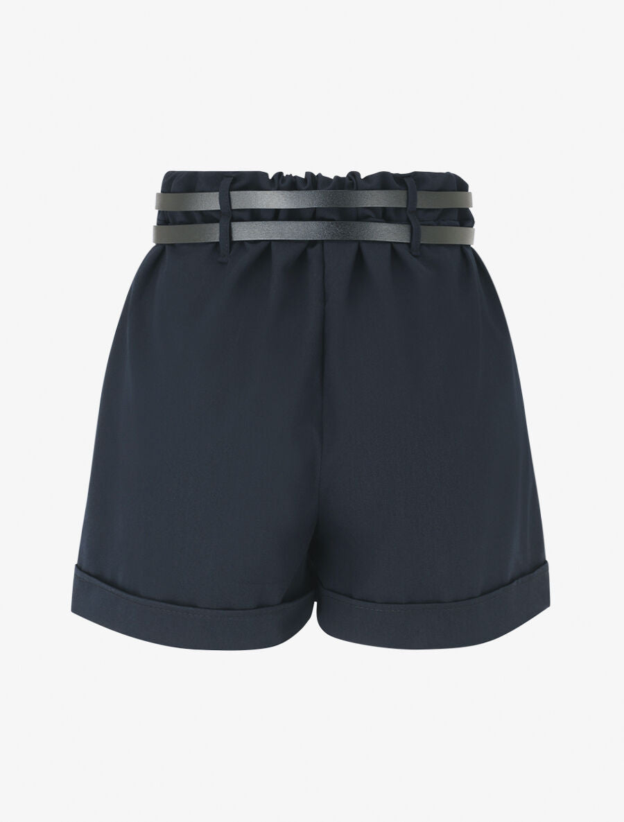 Short droit taille haute à double ceintures - Marine - 2