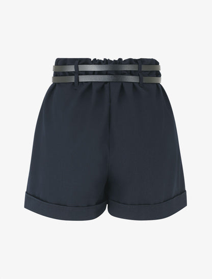 Short droit taille haute à double ceintures - Marine - 2