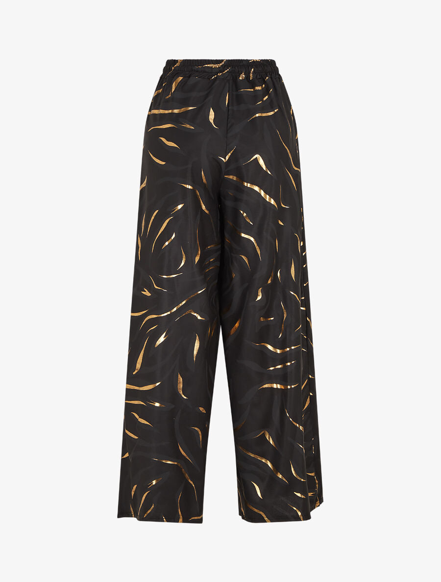 Pantalon satiné taille haute à motif doré - Noir - 2