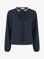 Blouse unie à nouer et col a sequins - Marine - 4