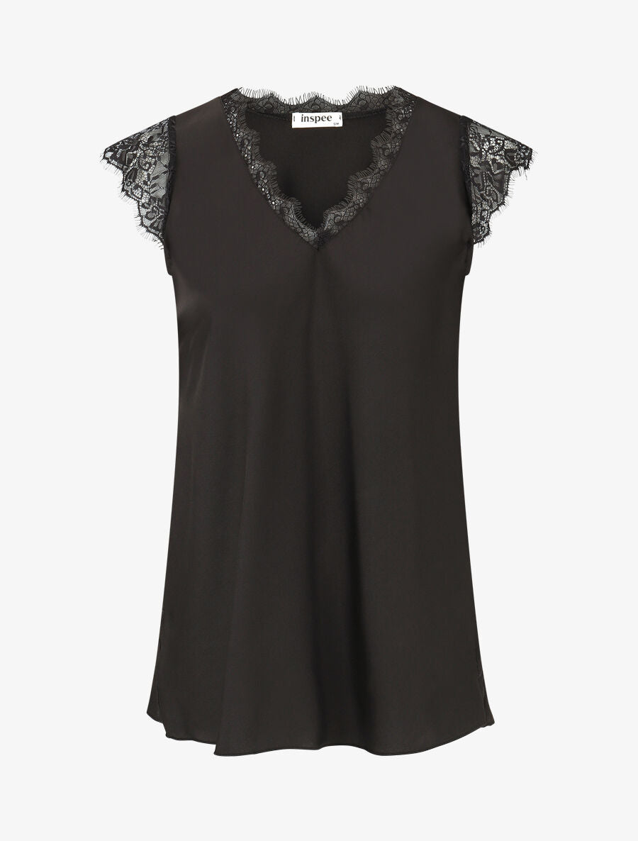 Top satiné à épaules en dentelle - Noir - 1