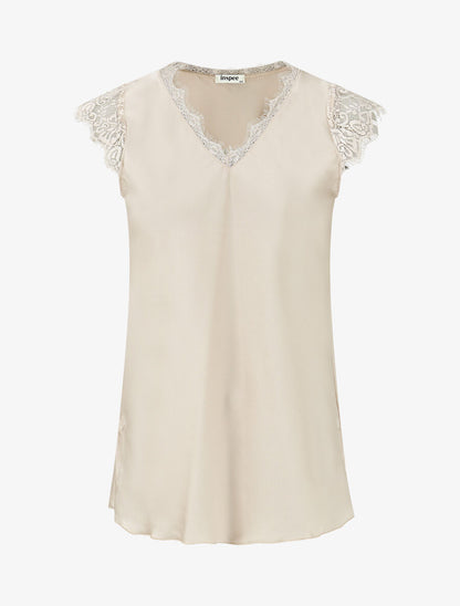 Top satiné à épaules en dentelle - Beige - 4