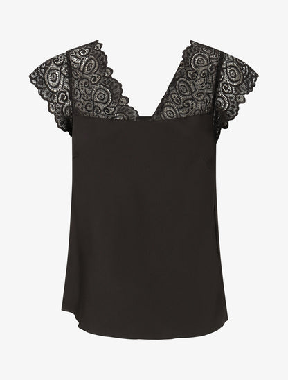 Top satiné à mancherons en dentelle - Noir - 1