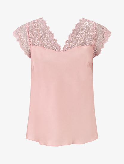 Top satiné à mancherons en dentelle - Rose - 4