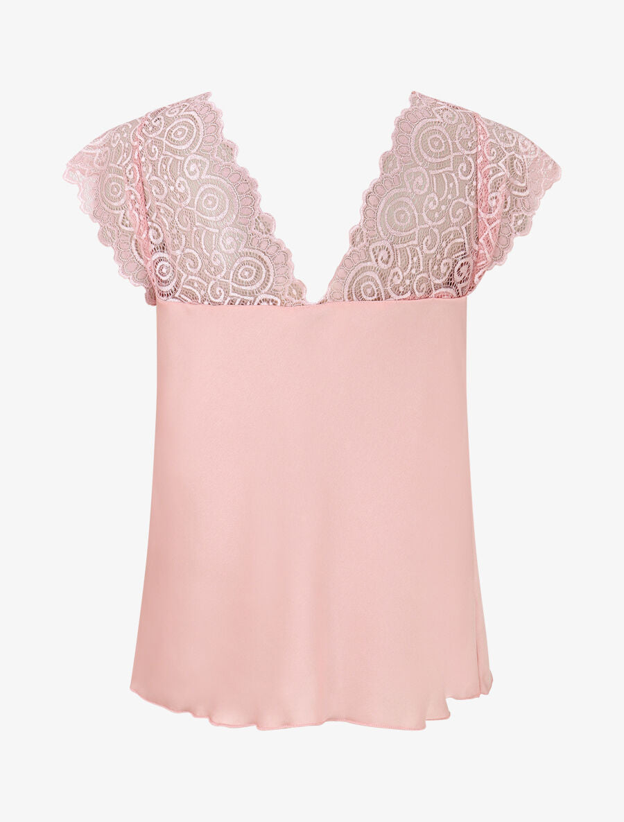 Top satiné à mancherons en dentelle - Rose - 2