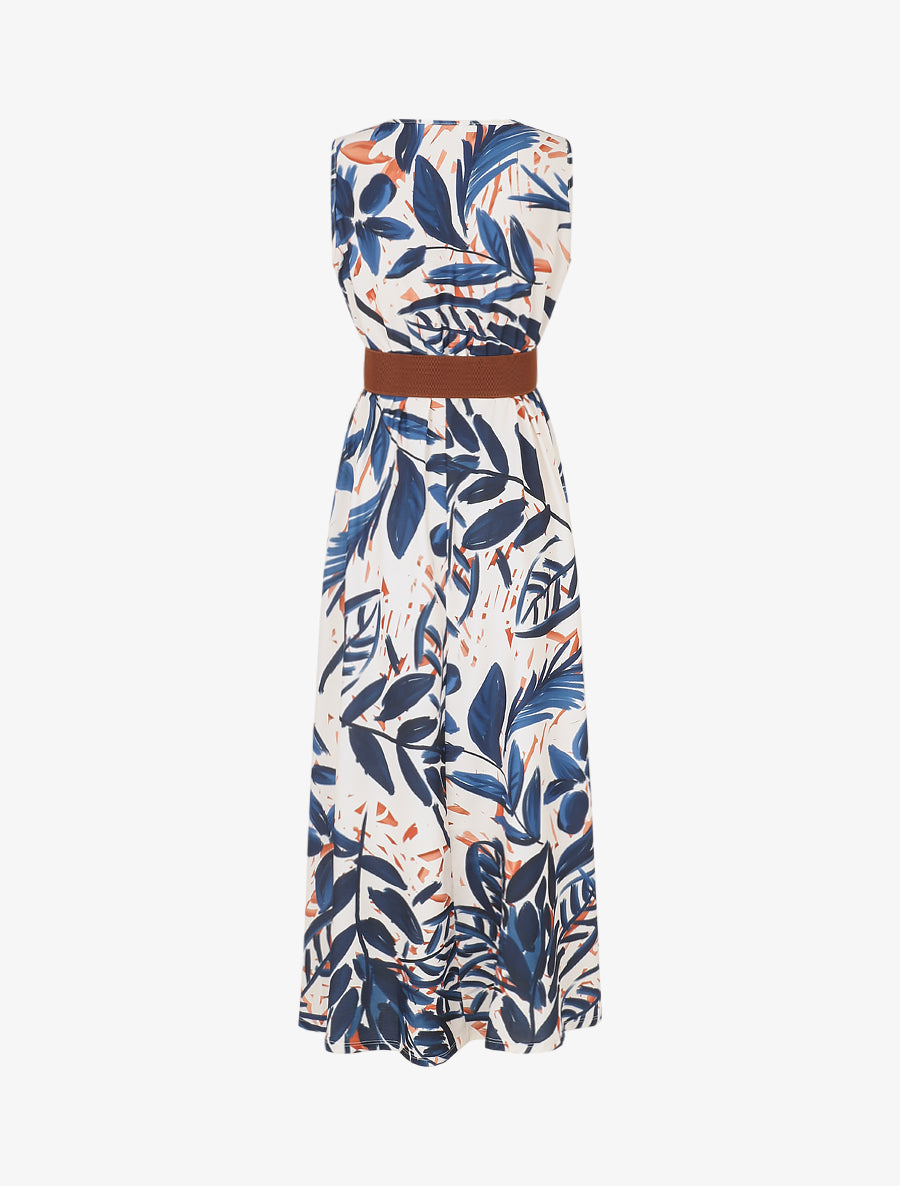 Robe longue élastiquée imprimé feuillage - Marine - 2