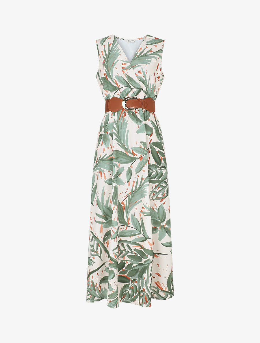 Robe longue élastiquée imprimé feuillage - Kaki - 1