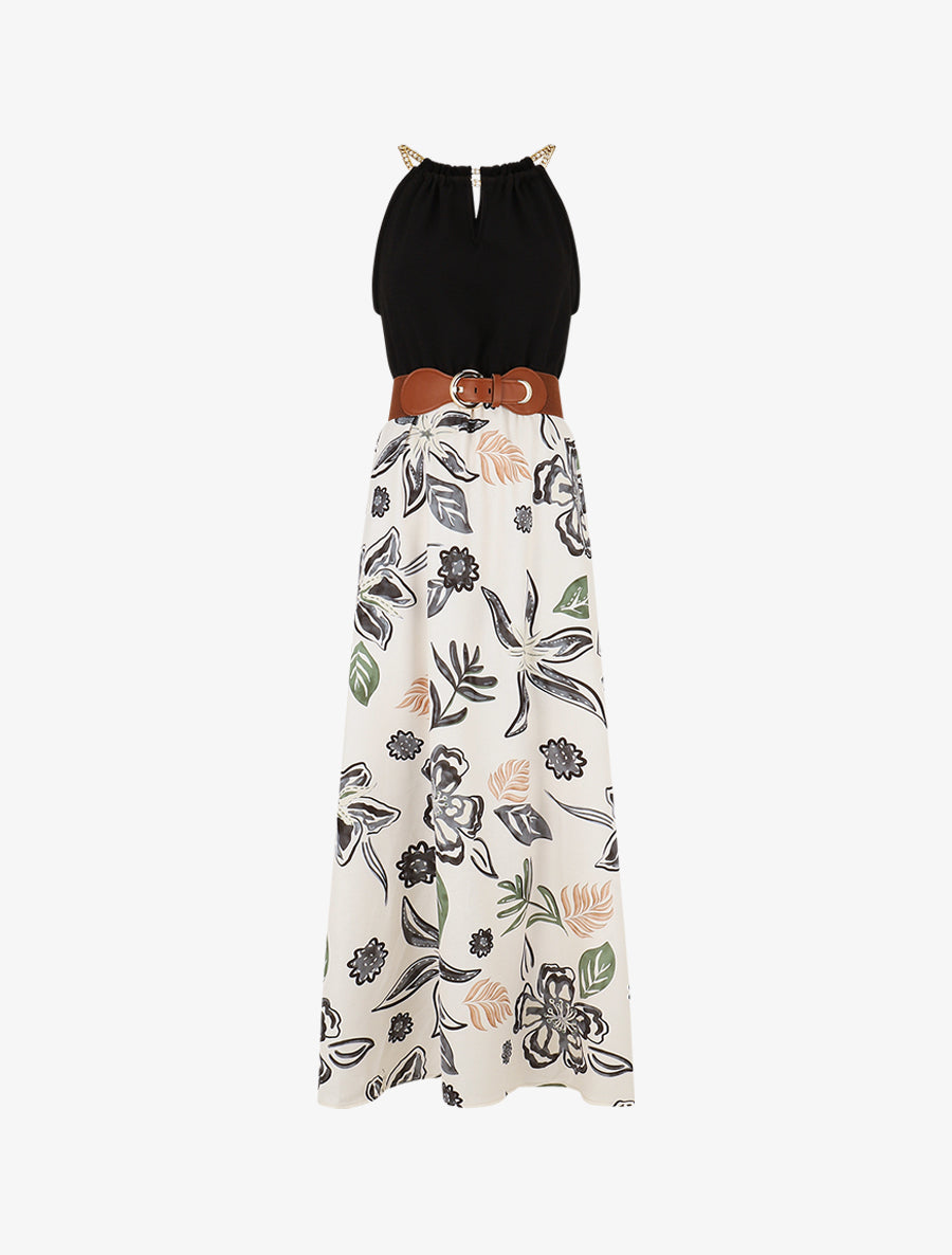 Robe imprimé fleuri à bretelles en chaîne - Noir - 1
