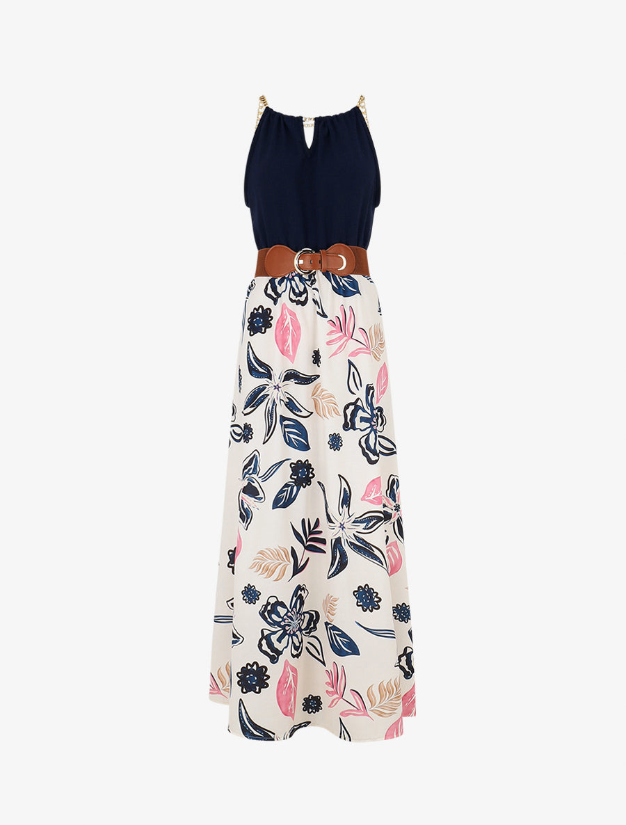 Robe imprimé fleuri à bretelles en chaîne - Marine - 1