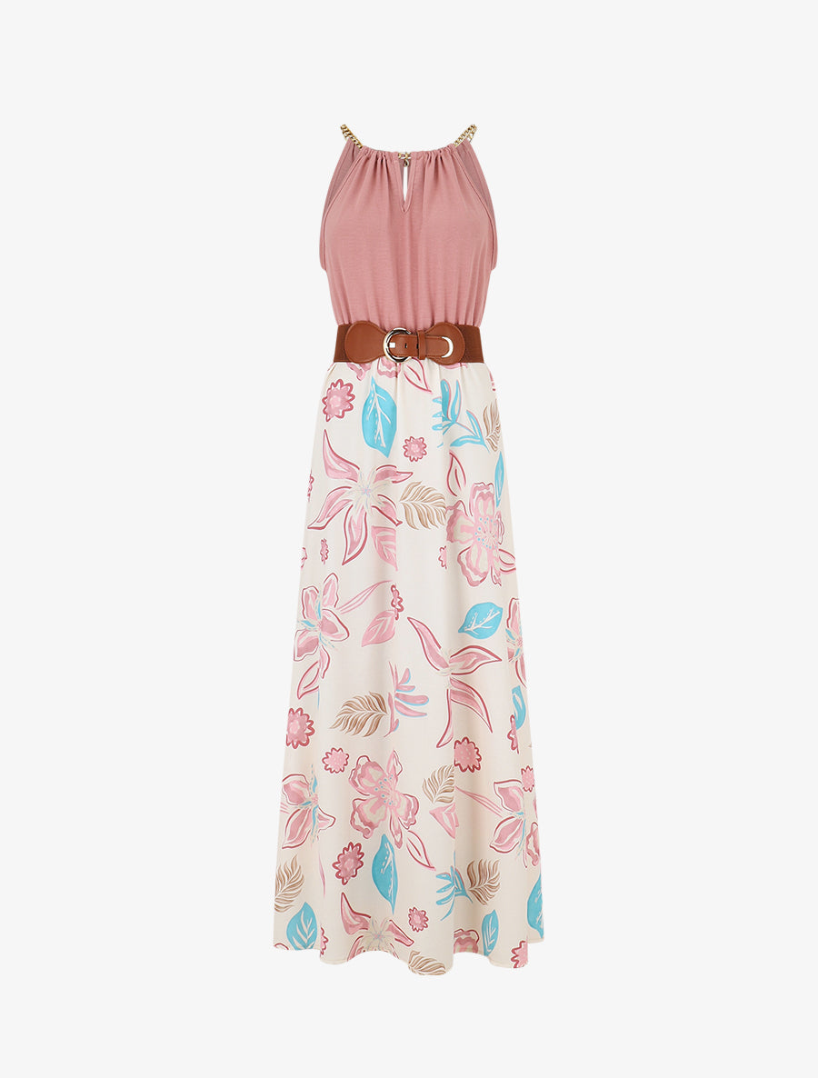 Robe imprimé fleuri à bretelles en chaîne - Vieux rose - 1