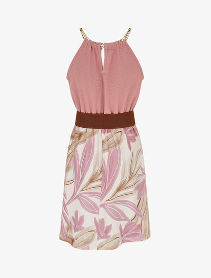 Robe mi-longue imprimé feuillage à bretelles en chaîne - Vieux rose - 2