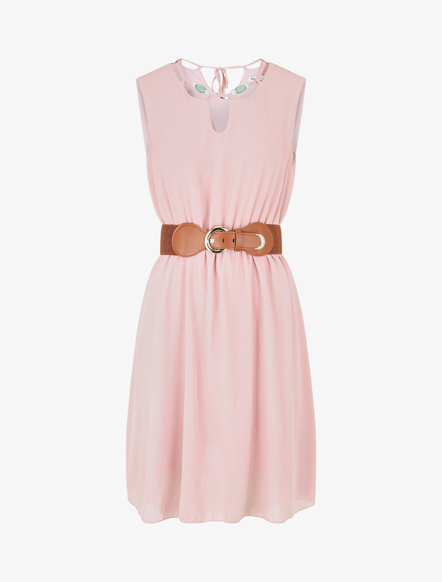 Robe mi-longue unie à col à perles - Rose - 1