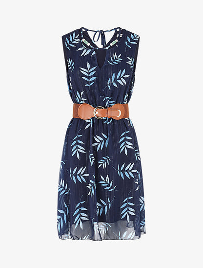 Robe irisée à col à perles et imprimé feuilles - Marine - 1