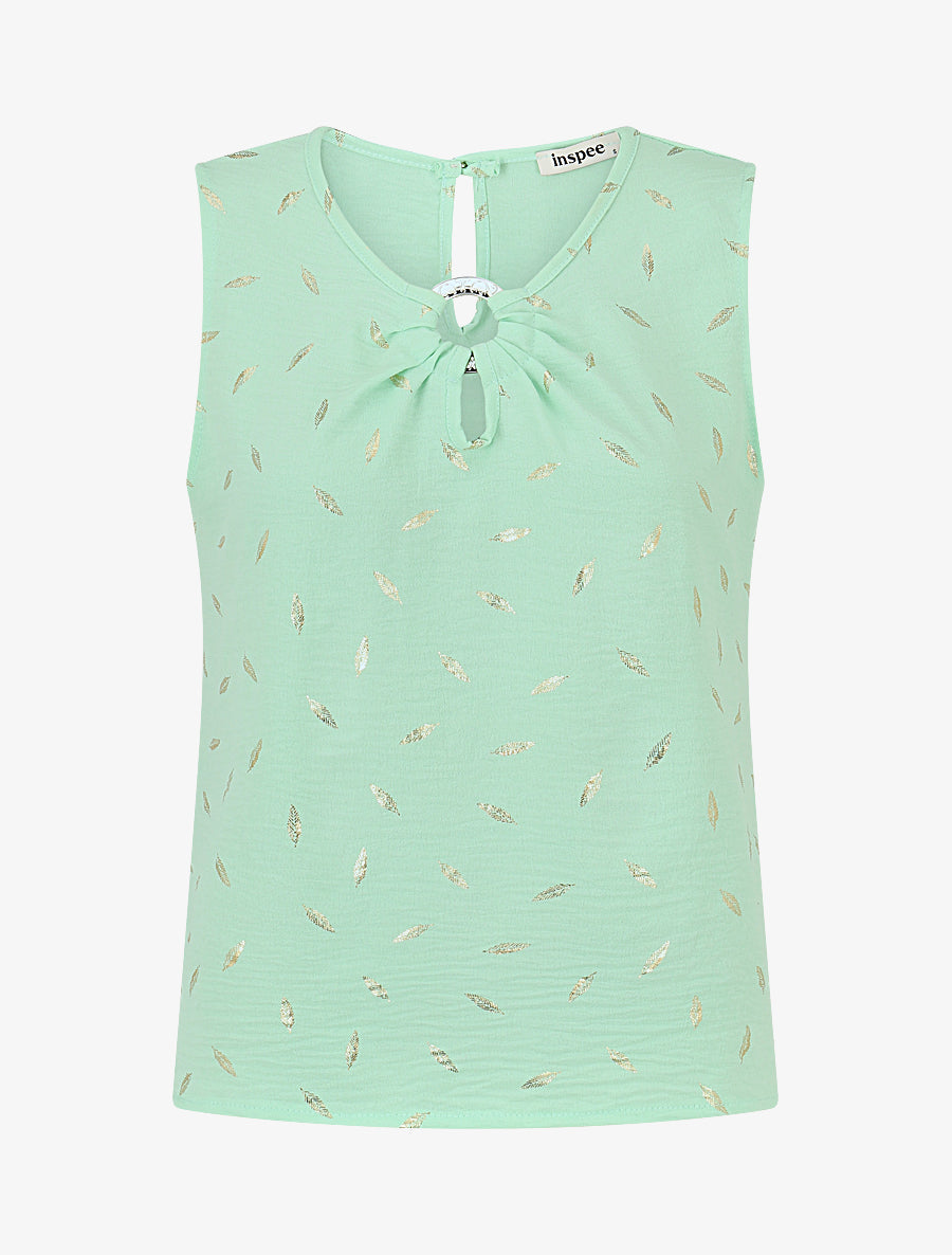 Top droit col fantaisie imprimé plumes dorées - Vert menthe - 1