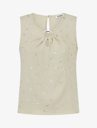 Top droit col fantaisie imprimé plumes dorées - Beige - 1