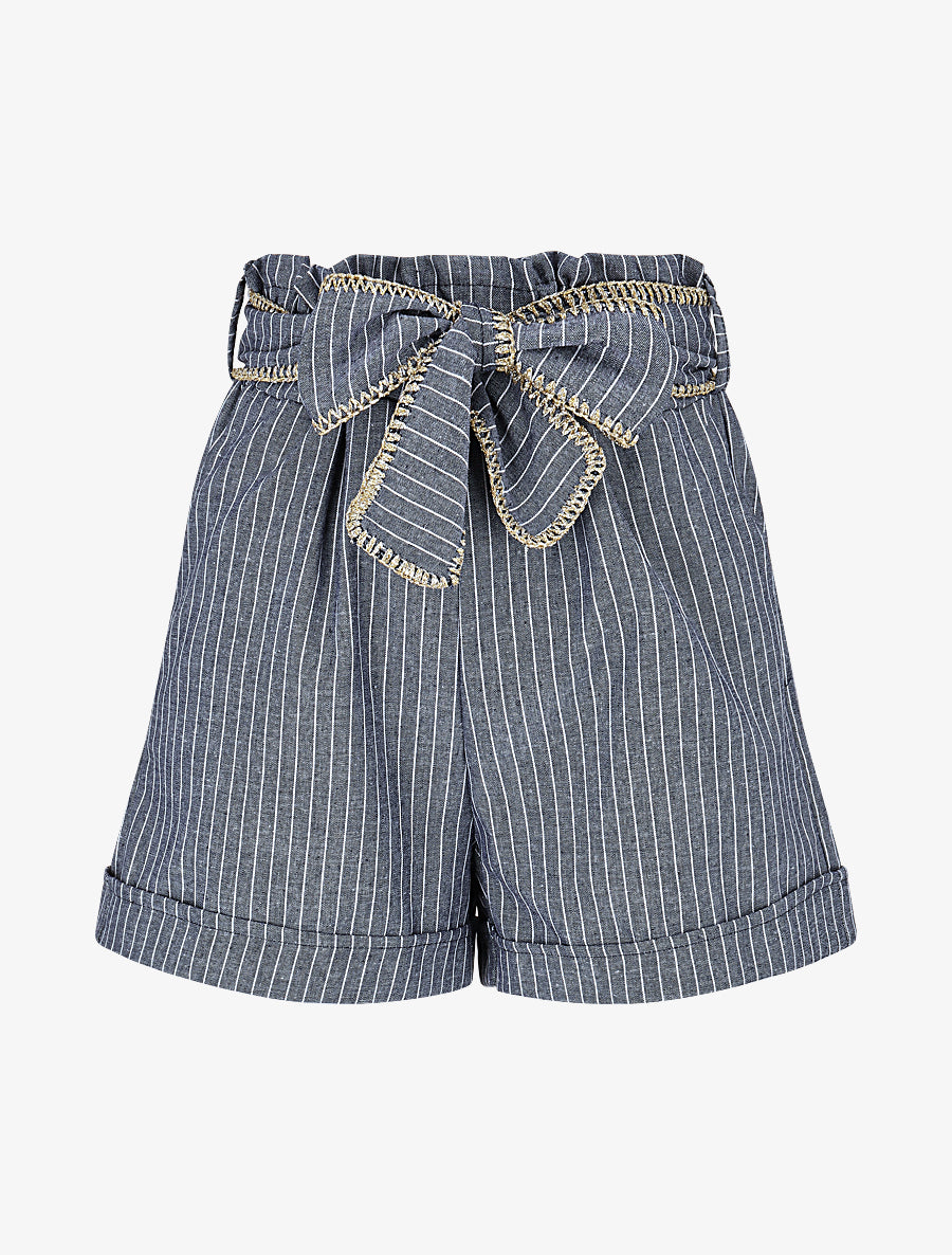 Short fluide à rayures et ceinture fantaisie - Bleu - 1