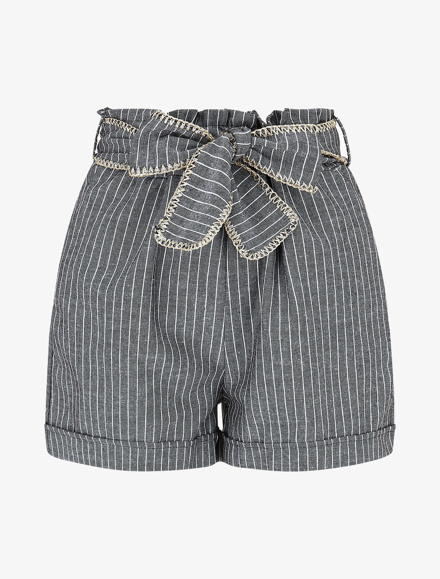 Short fluide à rayures et ceinture fantaisie - Noir - 1