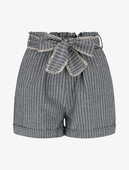 Short fluide à rayures et ceinture fantaisie - Noir - 1