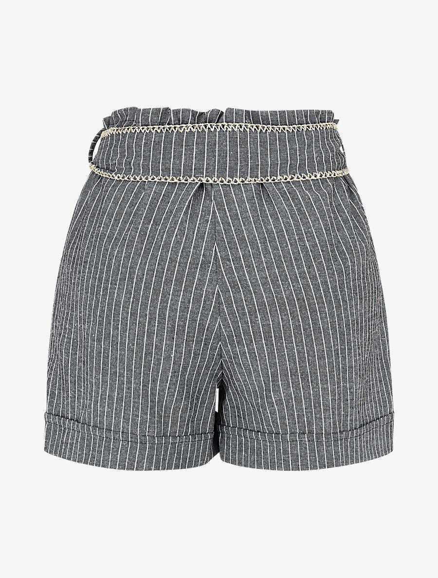 Short fluide à rayures et ceinture fantaisie - Noir - 2