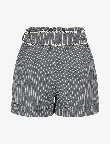 Short fluide à rayures et ceinture fantaisie - Noir - 2