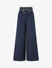 Pantalon ample taille haute à ceinture fantaisie - Marine - 1