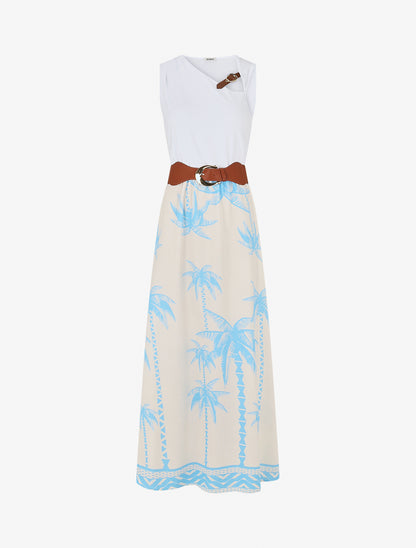 Robe longue imprimé palmiers et col à sangle - Bleu ciel - 1