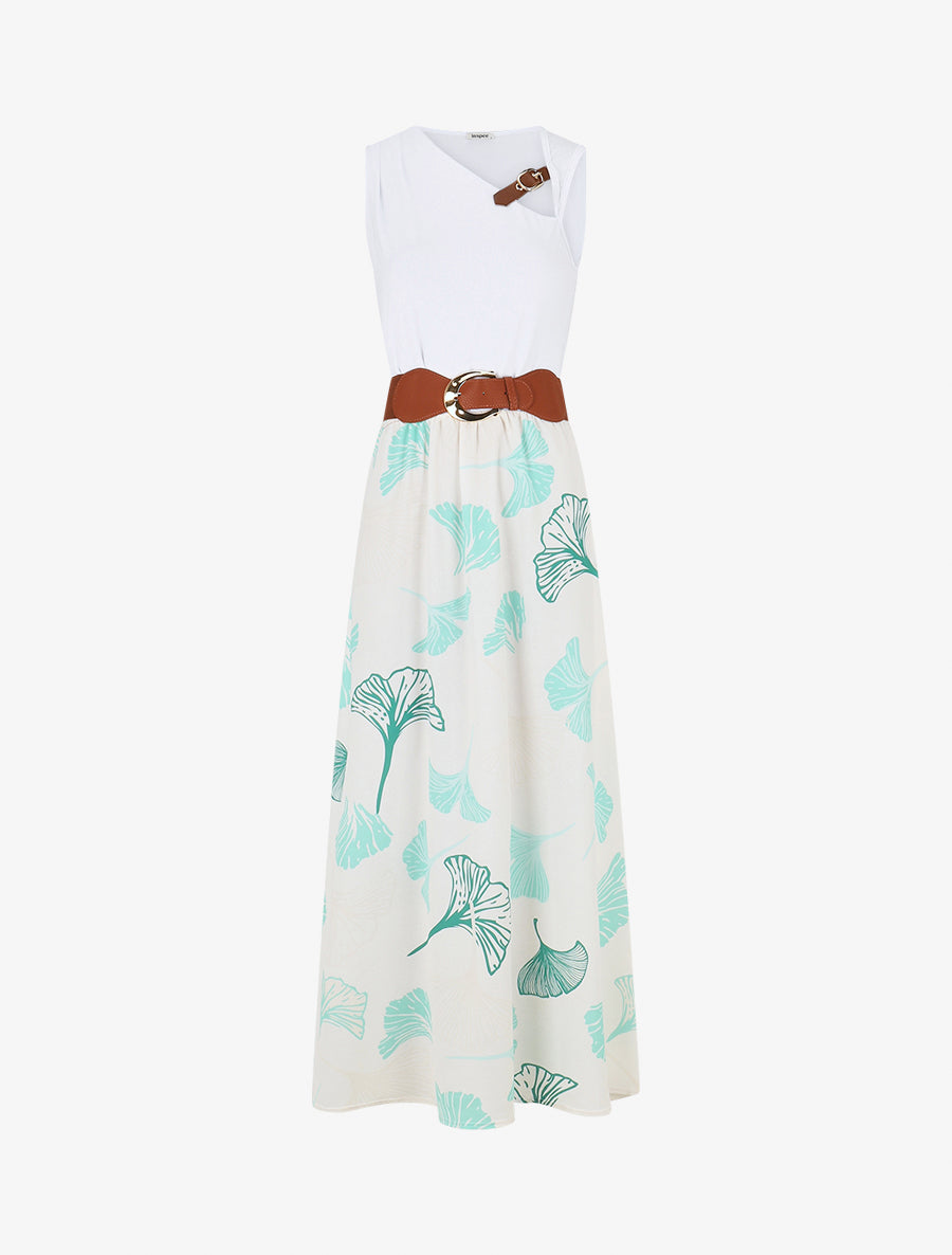 Robe longue imprimé végétal et col à sangle - Vert menthe - 1