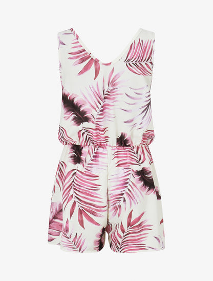 Combishort imprimé feuillage à taille élastiquée - Mauve - 2