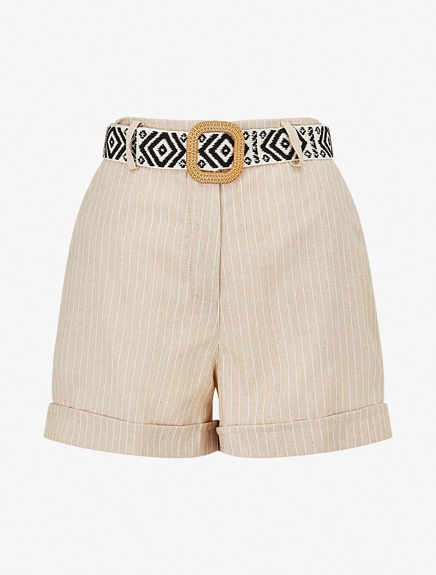 Short rayé ceinturé à revers - Beige - 1