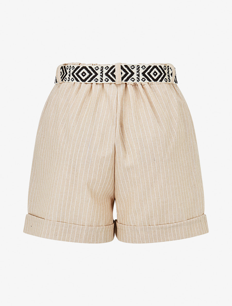Short rayé ceinturé à revers - Beige - 2