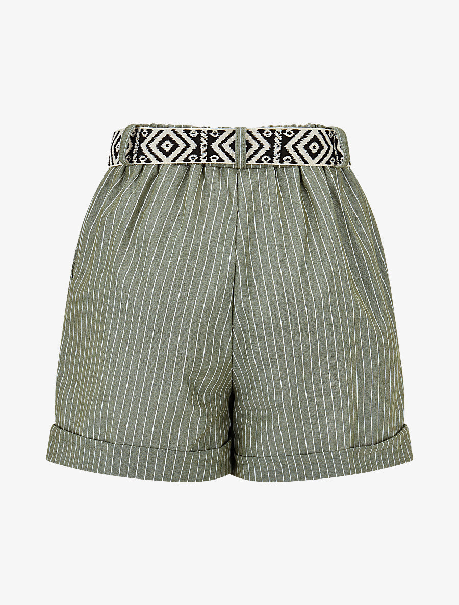 Short rayé ceinturé à revers - Kaki - 2