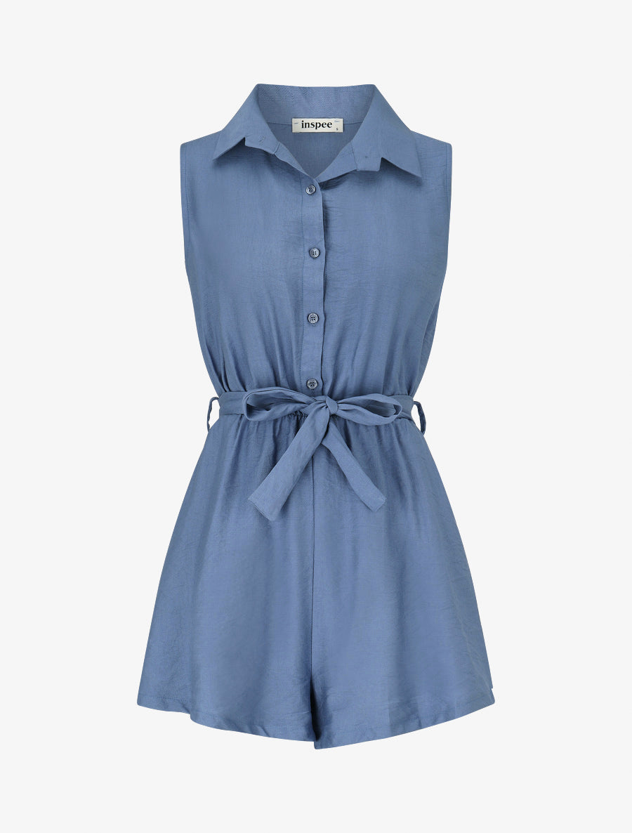 Combishort évasé style chemise - Bleu - 1