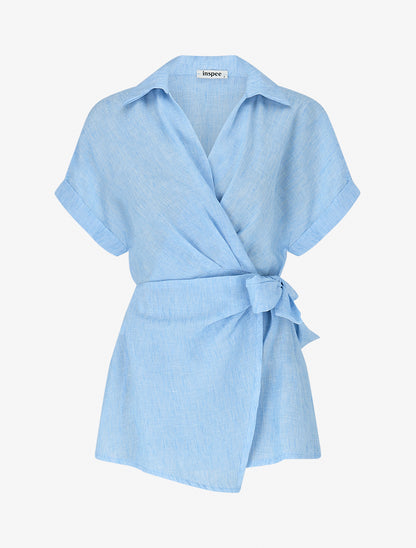 Blouse manches courtes à col cache-coeur - Bleu ciel - 1