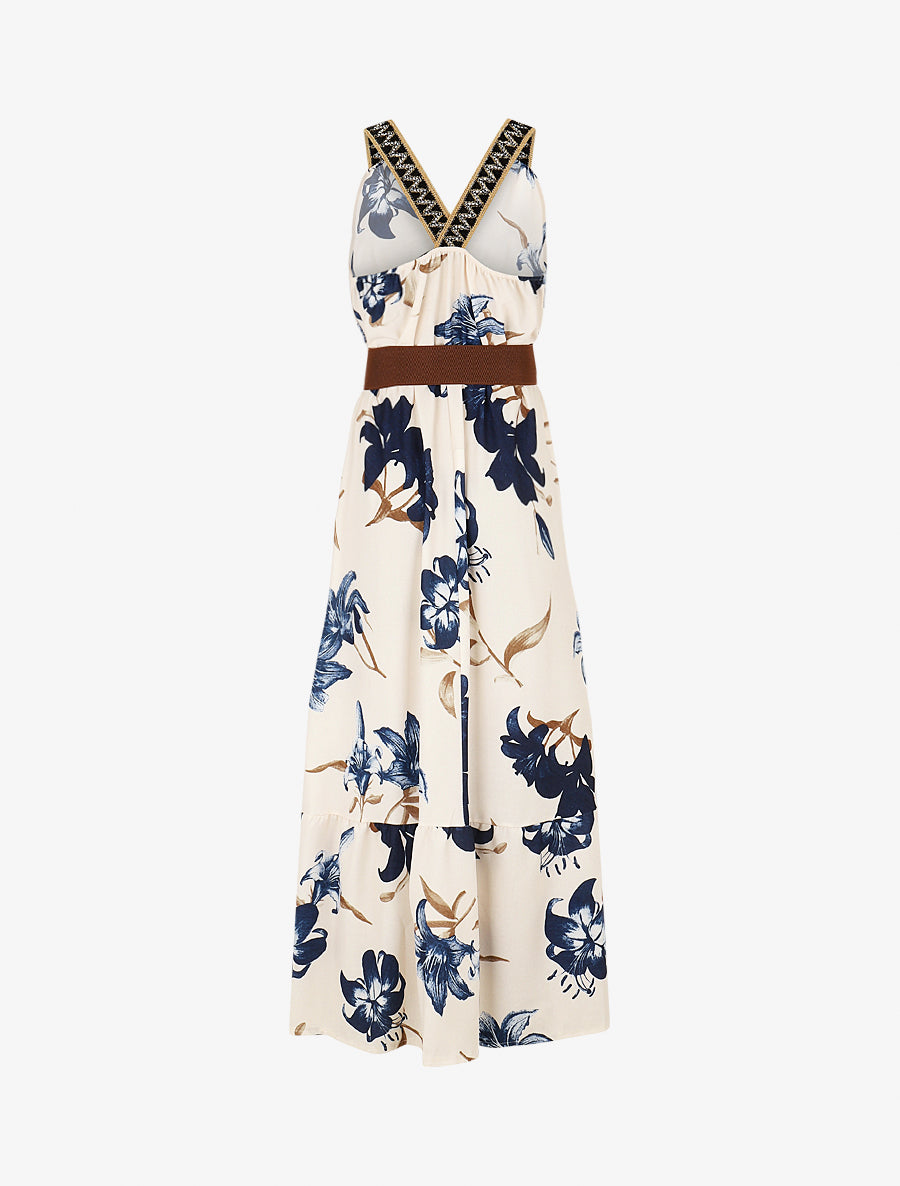 Robe longue élastiquée imprimé fleuri - Marine - 2