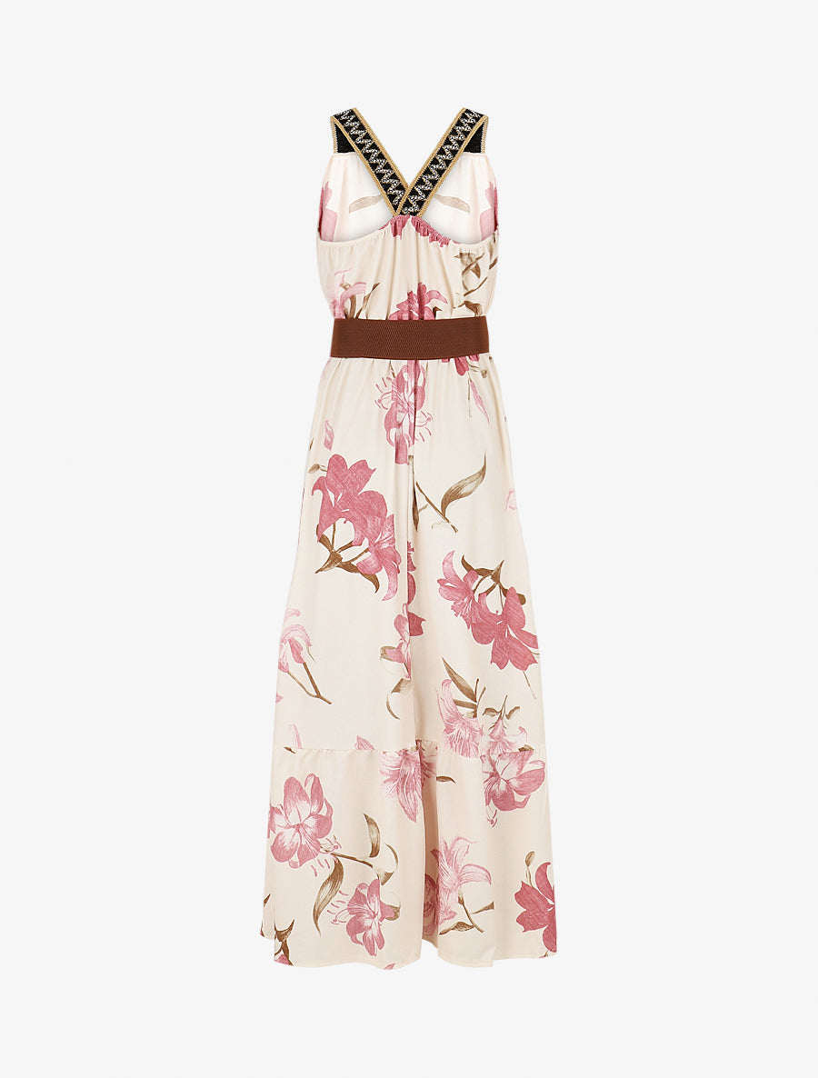 Robe longue élastiquée imprimé fleuri - Rose - 2