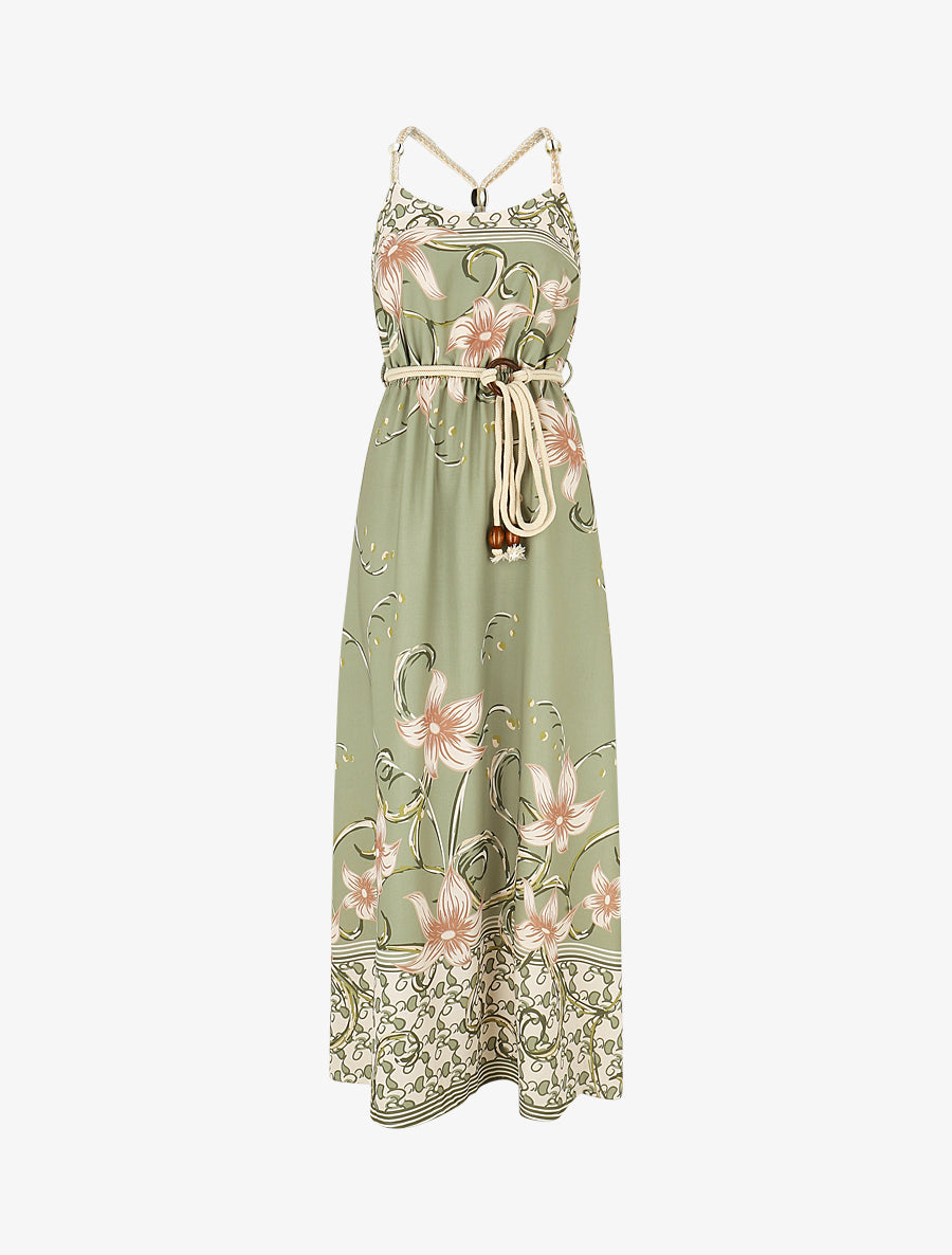Robe longue imprimé floral à bretelles en corde - Vert olive - 1
