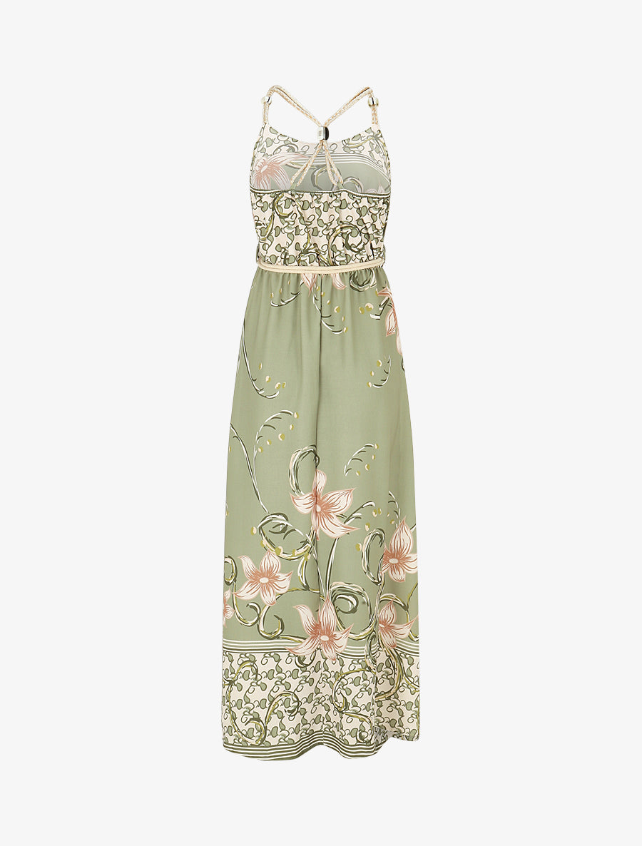 Robe longue imprimé floral à bretelles en corde - Vert olive - 2