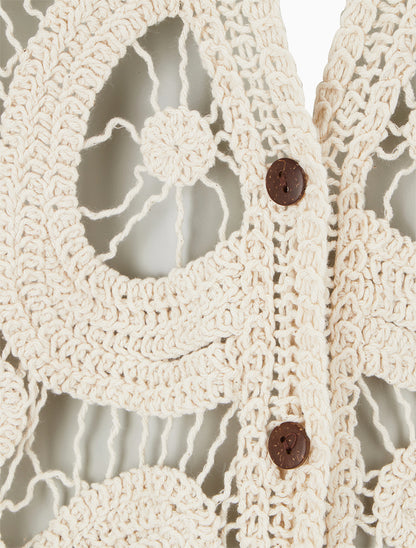 Gilet mi-long en crochet - Beige - 3